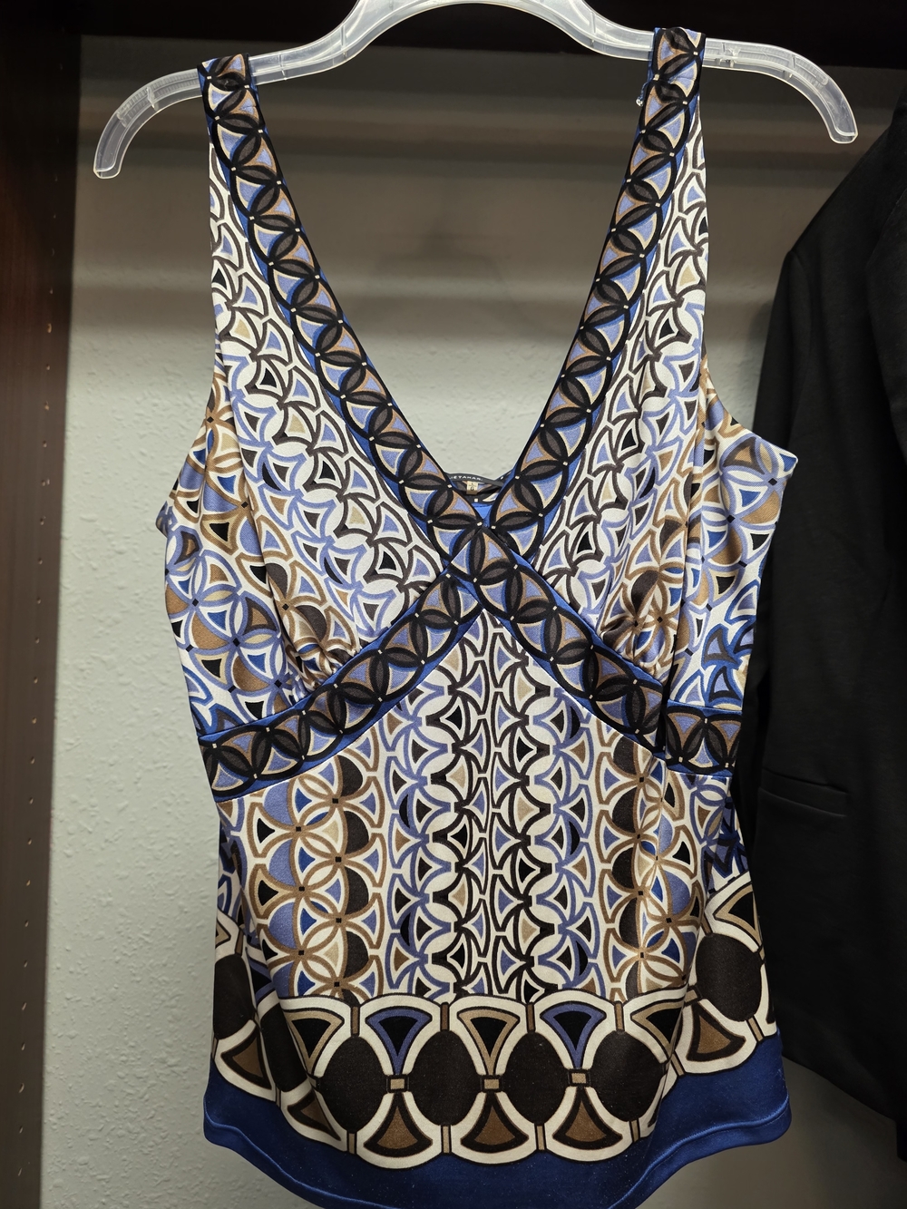 Tahari Blue, Brown and White Geometric Sleeveless Tank Top